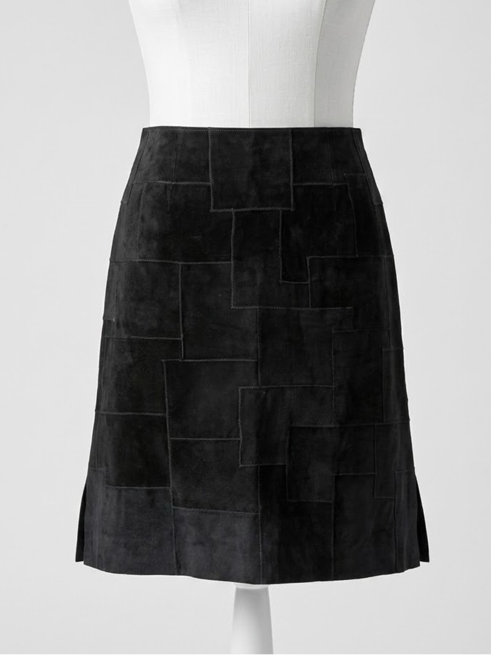 Vintage Black Suede Geometric Patchwork A-Line Skirt Size 10 90s Y2K